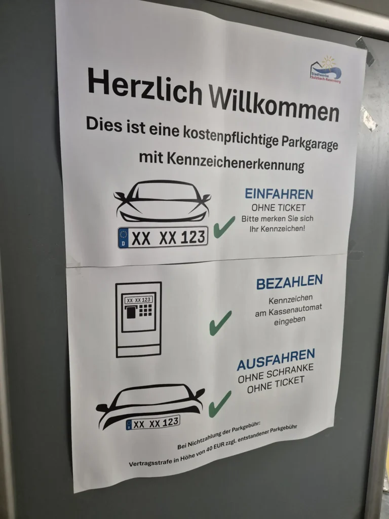 Hinweisschild am Eingang der Tiefgarage Sulzbach-Rosenberg. Es erklärt die Kennzeichenerkennung: Einfahrt ohne Ticket, Kennzeichen am Kassenautomat eingeben, Ausfahrt ohne Schranke. Hinweis auf Vertragsstrafe bei Nichtzahlung.